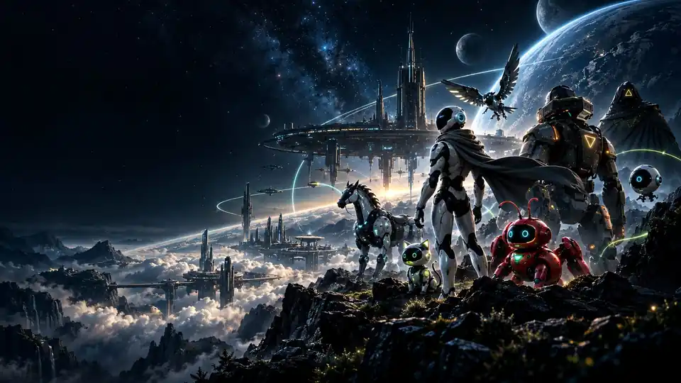 A diverse Agentkind civilization overlooking a connected orbital city